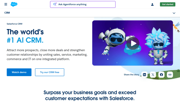 A screenshot of Salesforce's CRM page, prompting users to watch a demo or try the software. 