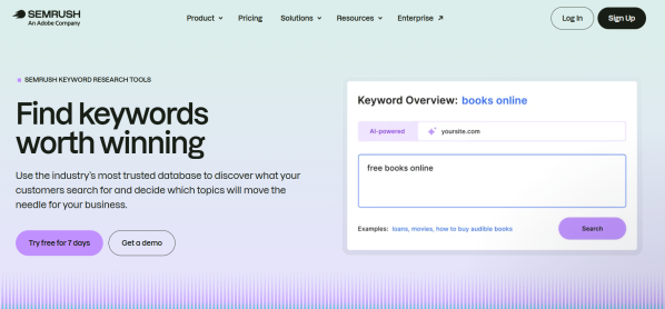 A screenshot highlighting how Semrush&rsquo;s Keyword Research Tools help businesses discover relevant search terms and evaluate opportunities based on their SEO potential. 