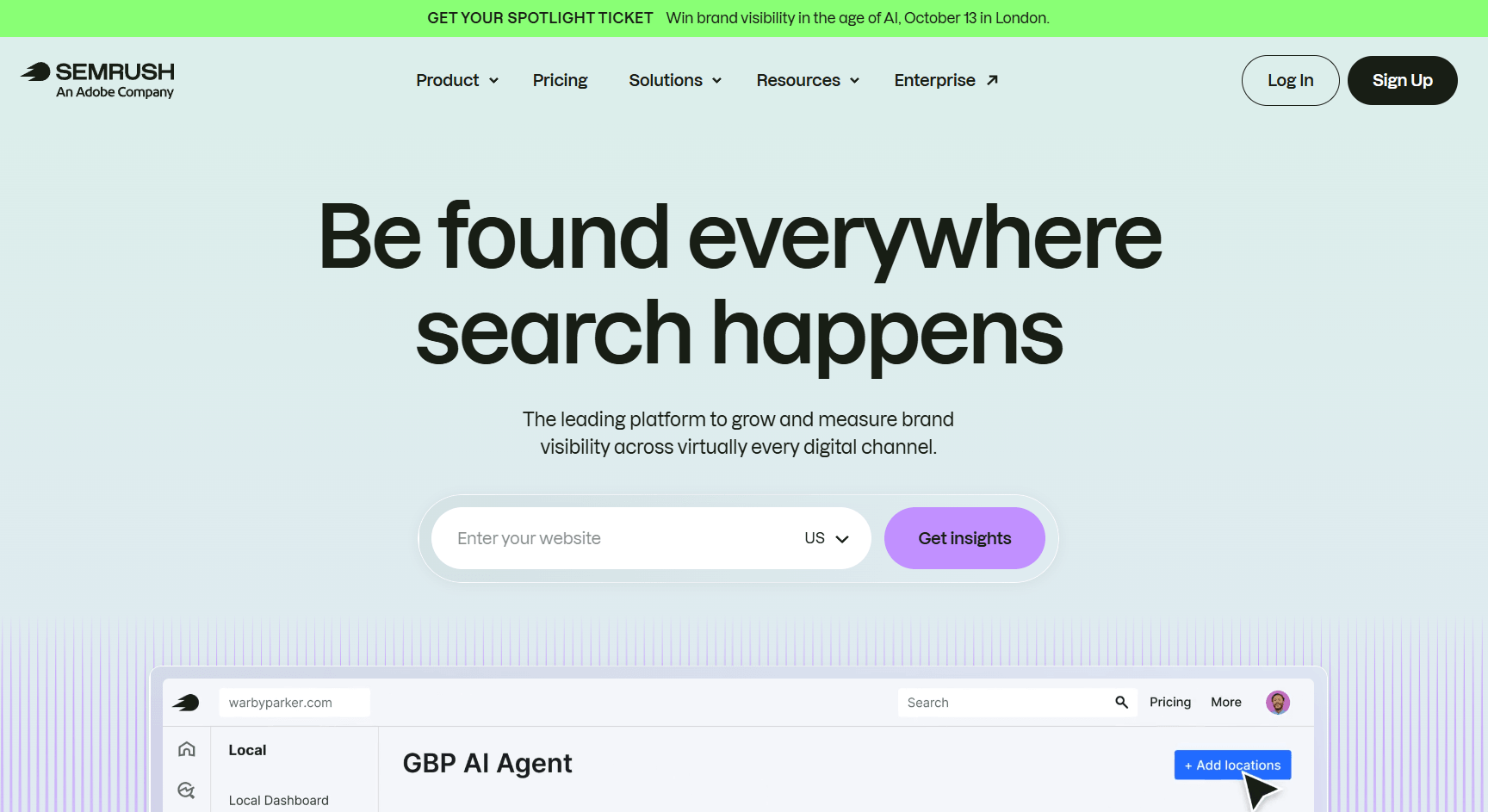 An image of Semrush's homepage displaying a search bar to enter your website and get visibility insights