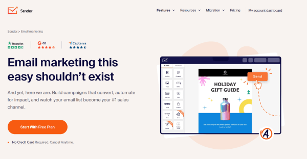 Sender&rsquo;s email marketing page shows its drag-and-drop campaign builder and free plan. 