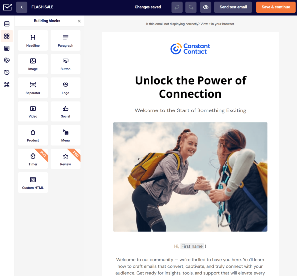 This is a screenshot taken from Sender's email editor, which offers a wide range of blocks including products, timers, reviews, and social icons.