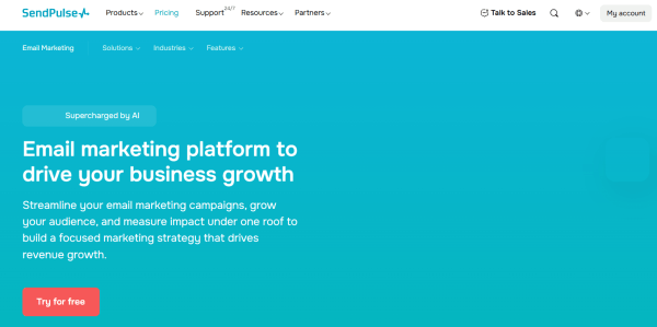SendPulse&rsquo;s email marketing page highlights its AI-powered tools for creating campaigns, growing an audience, and tracking performance. 