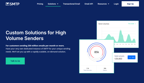 SMTP.com offers custom infrastructure for very high-volume senders, with dedicated solutions for businesses sending 250 million emails per month or more. 