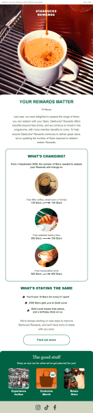 Starbucks Rewards uses a personalized newsletter to clearly explain upcoming changes to its rewards program and what members can expect. 