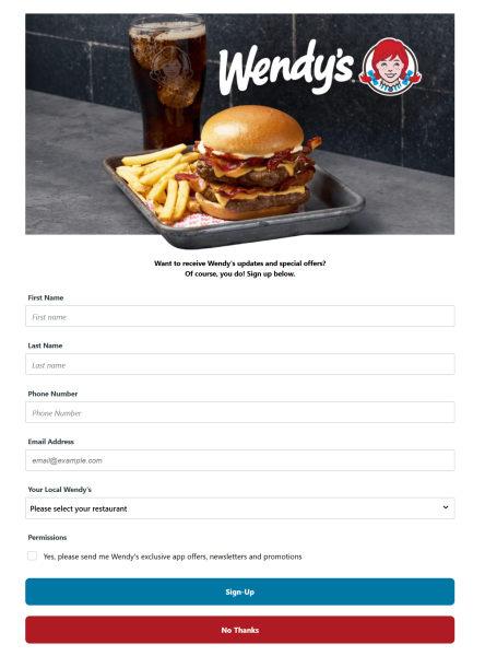 An image of Wendy&rsquo;s newsletter sign-up form, which includes the necessary fields to collect new subscriber data. 