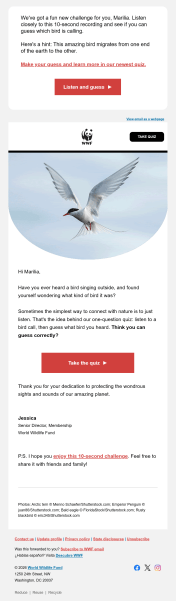 WWF turns its newsletter into an interactive wildlife quiz, inviting subscribers to identify a bird from its call. 