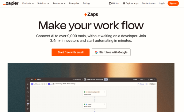 A screenshot of Zapier&rsquo;s Zaps page showing its no-code workflow builder for connecting apps and automating multi-step processes. 