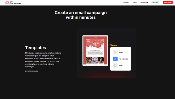Zoho Campaigns&rsquo; page shows the different ways you can start an email, including saved, pre-designed, and basic templates. 