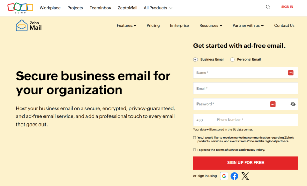 Zoho Mail provides secure, ad-free business email hosting, with a free option for using your own custom email domain.