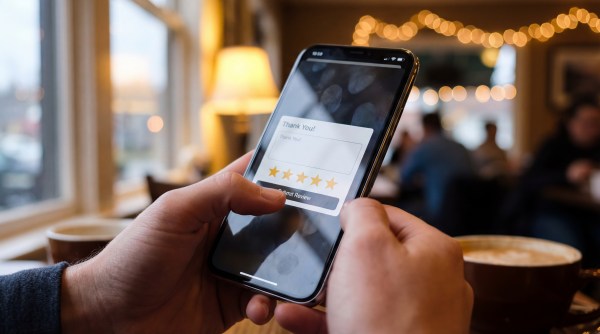 A smartphone in someone's hands displays a five-star rating on the screen.