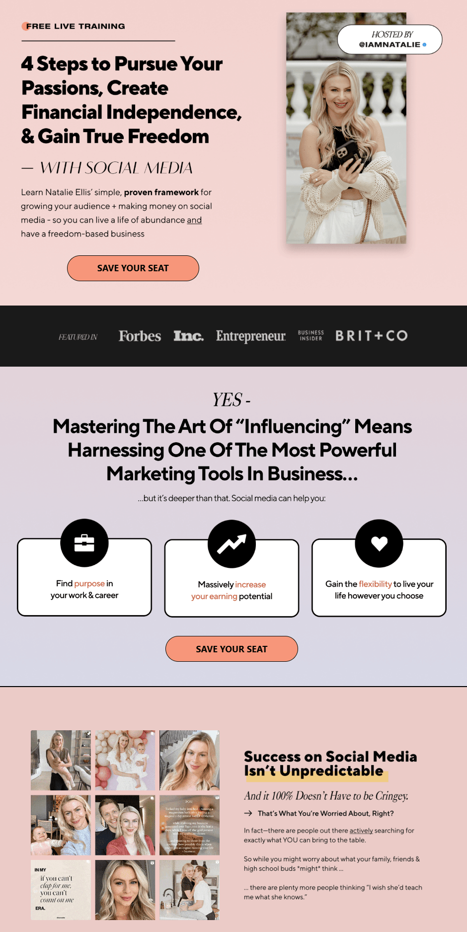 Bossbabe webinar landing page example showing training headline, host photo, press features, and call-to-action button