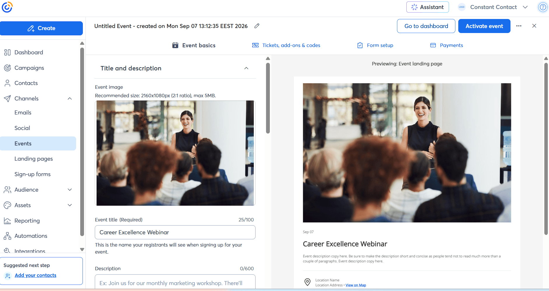 Screenshot of Constant Contact event creation dashboard featuring event title setup and landing page preview.
