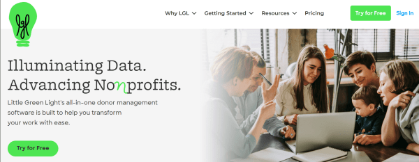 Little Green Light donor management software homepage for nonprofits with donor tracking and fundraising management tools.