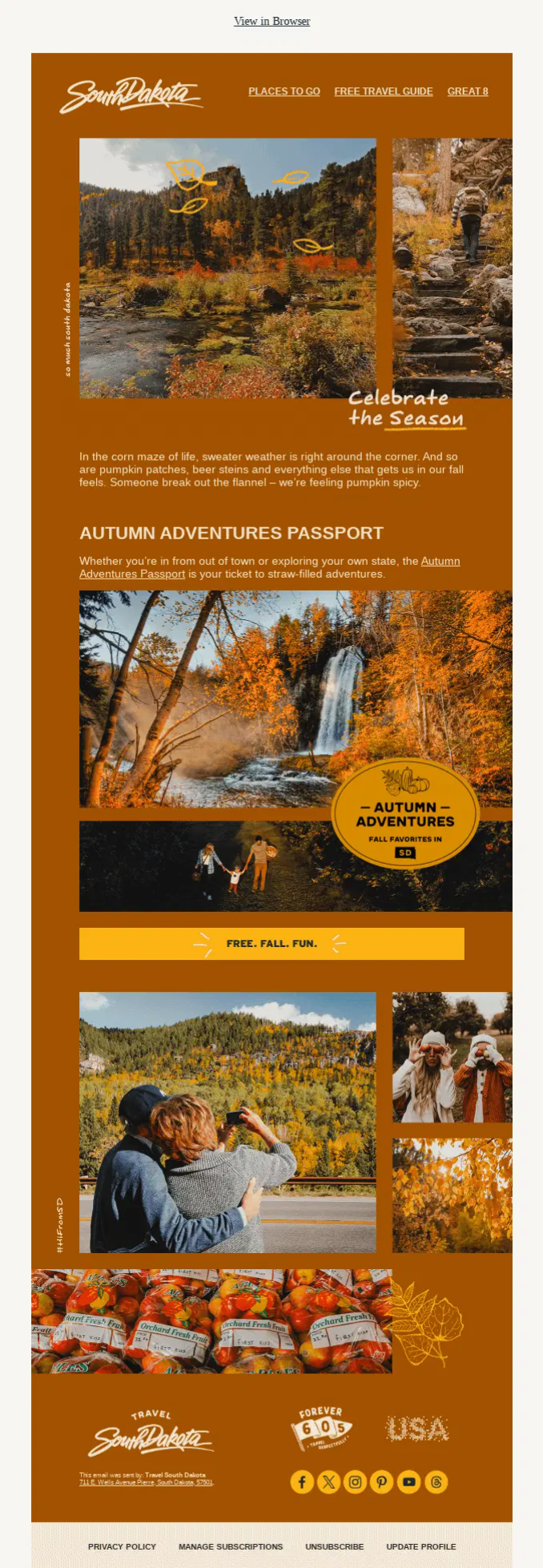An autumn-themed travel email campaign from Travel South Dakota showcasing fall foliage photos, local itineraries, and seasonal travel guides