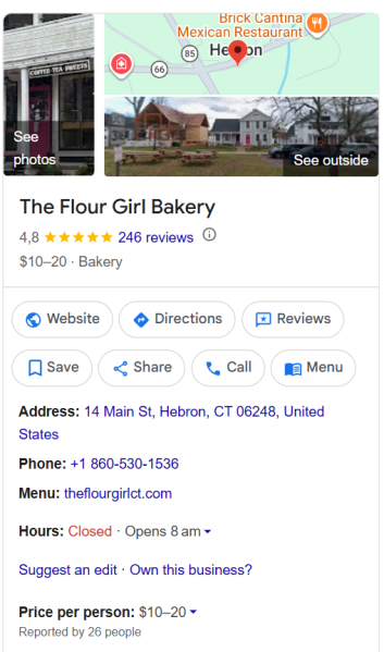 A Google Business Profile listing for The Flour Girl Bakery in Hebron, Connecticut, showing business contact info, rating, address, and quick-action buttons.