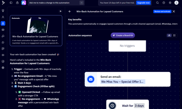 ActiveCampaign&rsquo;s AI assistant drafts a win-back automation with follow-up messages and delays for you to review and refine.