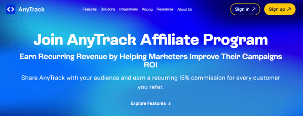 AnyTrack&rsquo;s affiliate page invites marketers to earn recurring commissions for referrals. 