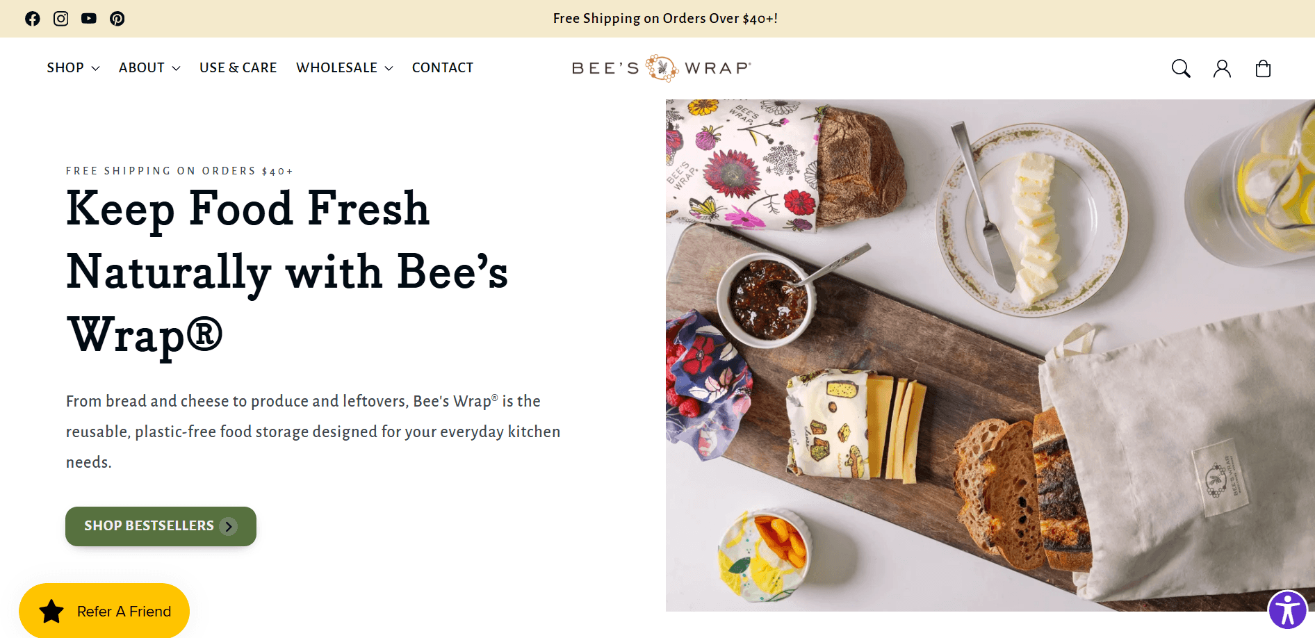 A screenshot of the Bee's Wrap homepage promoting reusable food storage wraps with a "Shop Bestsellers" button
