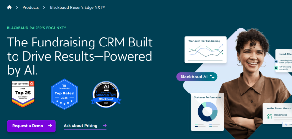 Blackbaud Raiser&rsquo;s Edge NXT donor management software showing AI-powered fundraising insights, donor growth, and performance reporting