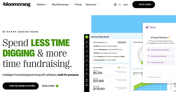Bloomerang donor management software dashboard with fundraising insights, donor retention data, and AI assistant Penny.