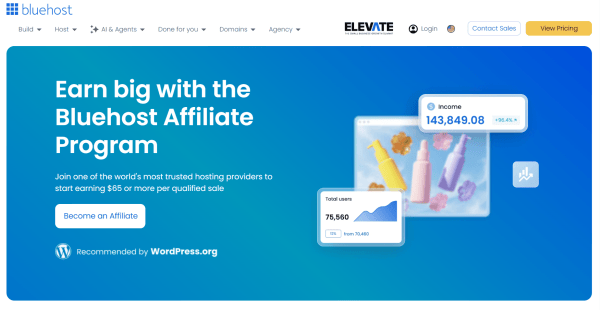 Bluehost highlights the benefits of promoting its hosting plans.