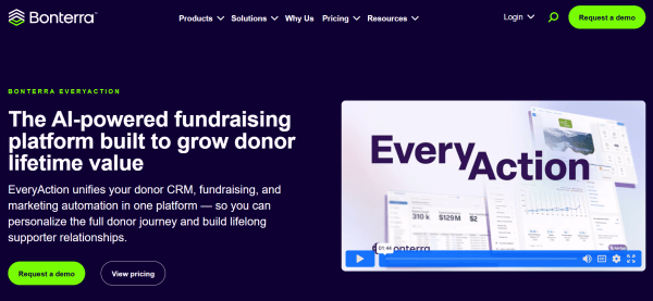 Bonterra EveryAction donor management software homepage showing AI-powered fundraising, donor CRM, and marketing automation tools