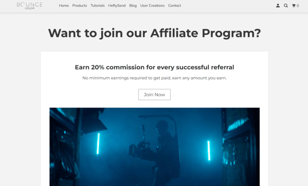 Bounce Color showcases a 20% commission and no minimum earnings requirement to get paid. 