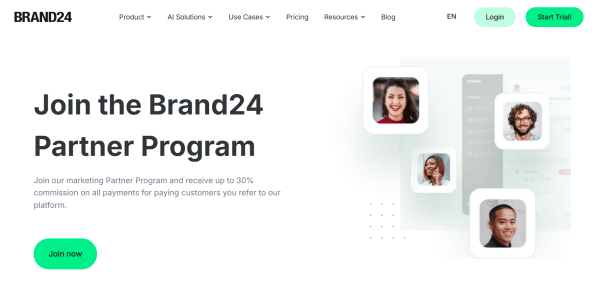 Brand24&rsquo;s partner program page advertises commissions of up to 30% and invites visitors to join. 