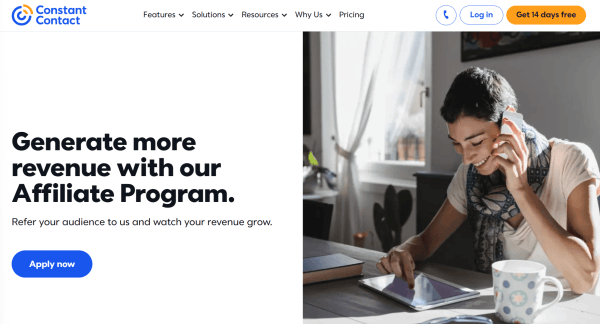 Constant Contact&rsquo;s affiliate page invites visitors to earn revenue through referrals. 