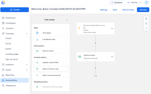 Constant Contact&rsquo;s automation builder shows a welcome email triggered by a new signup, with options to add delays, conditional splits, and contact updates.