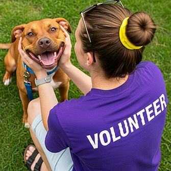 A person wearing a "Volunteer" shirt plays with a brown dog.