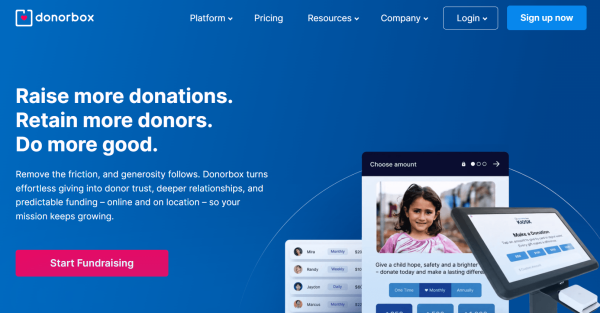 Donorbox donor management software homepage showing online donation forms, recurring giving options, and donation kiosk tools.