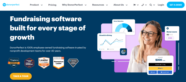 DonorPerfect donor management software homepage showing donor retention, giving growth, donor scoring, and online donation tools.