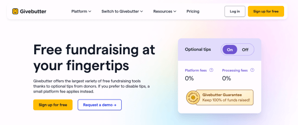 Givebutter donor management software homepage showing free fundraising tools, optional donor tips, and zero platform fees