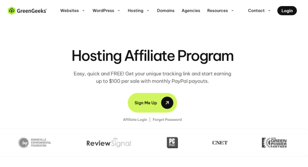 GreenGeeks promotes its hosting program and invites visitors to sign up. 