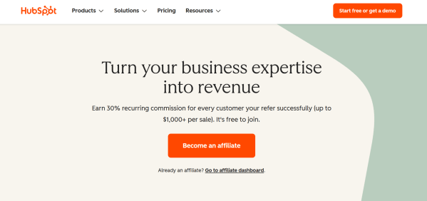 HubSpot&rsquo;s affiliate program offers a 30% recurring commission for each referred customer, with earnings of $1,000 or more per sale. 