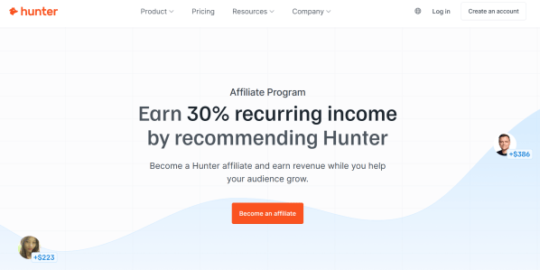 Hunter.io&rsquo;s affiliate page promotes 30% recurring income, shows referral earnings, and invites visitors to become affiliates. 