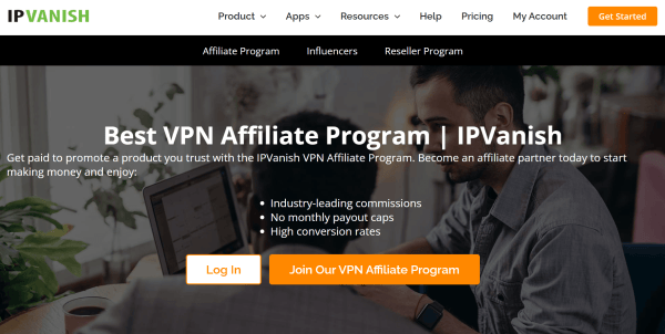 IPVanish highlights its affiliate program and invites visitors to join. Image 
