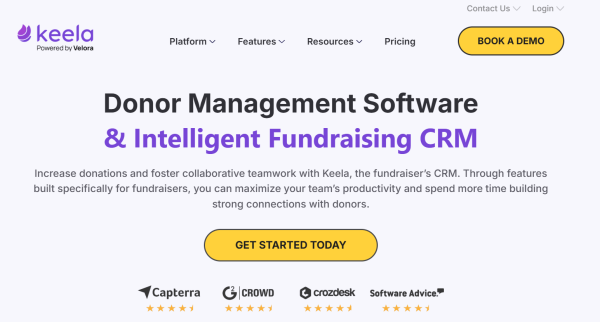 Keela donor management software homepage showing intelligent fundraising CRM and donor relationship tools