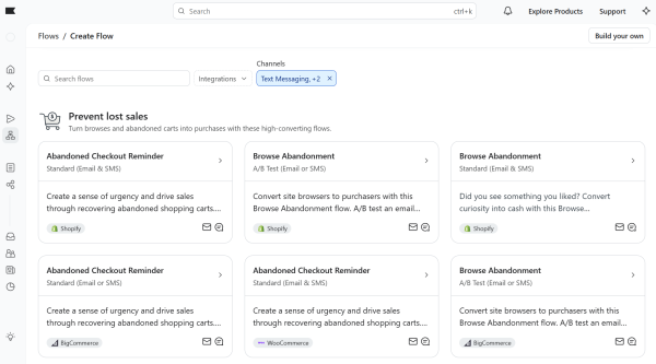 Klaviyo&rsquo;s flow library includes pre-built email and SMS workflows for abandoned checkouts and browsing sessions.