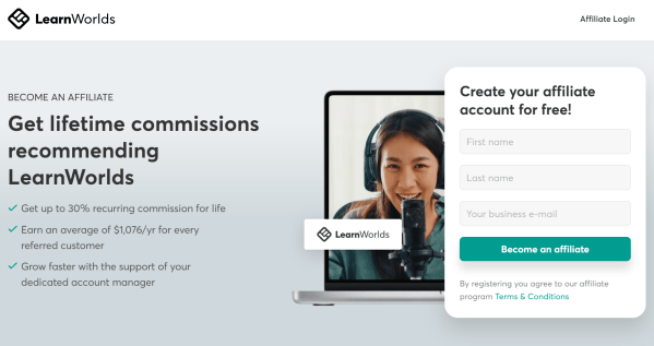 LearnWorlds&rsquo; affiliate page promotes recurring commissions and dedicated account support. 