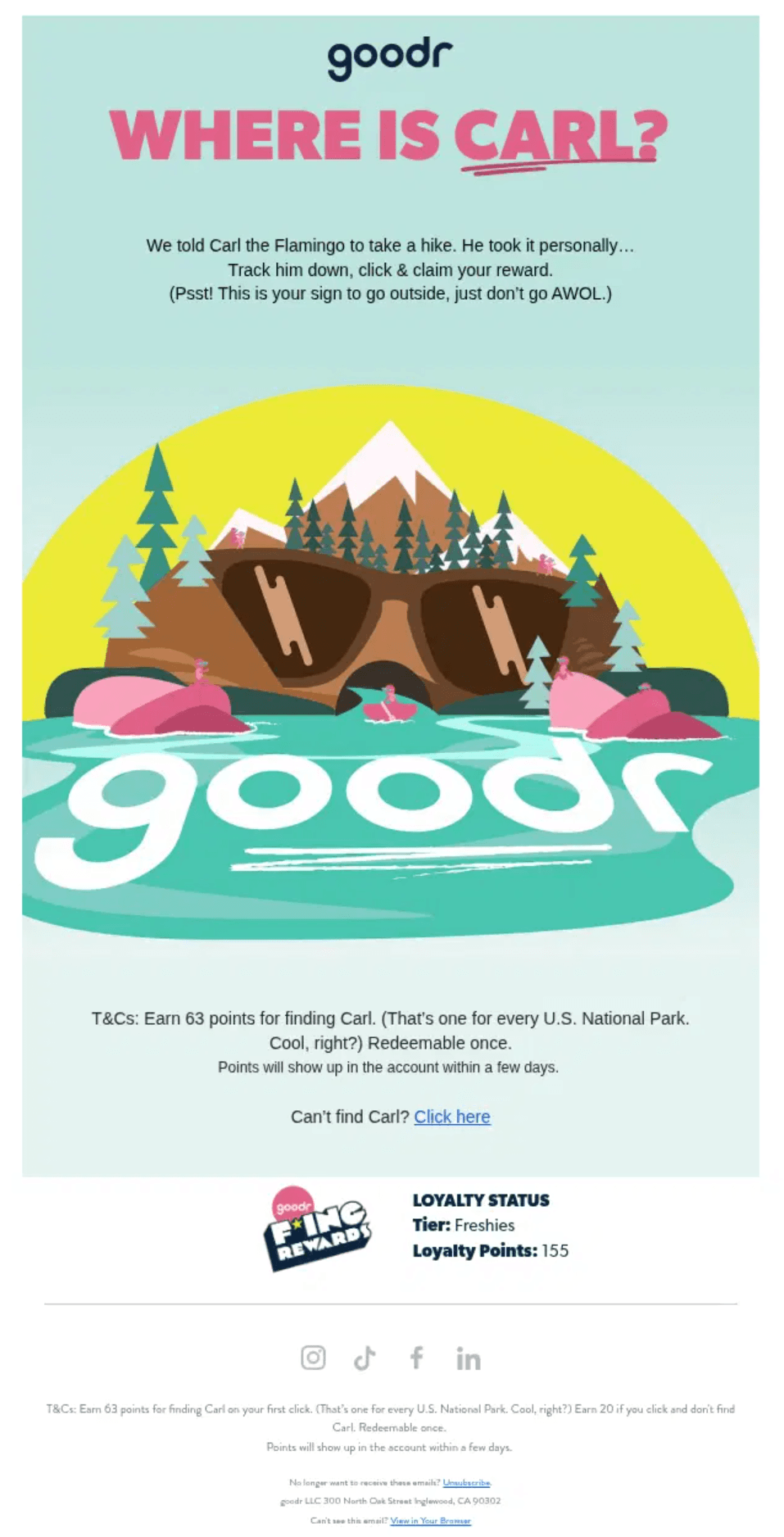A screenshot of goodr's loyalty email with a reward game where subscribers must find the brand's mascot, "Carl the Flamingo," to earn loyalty points