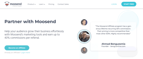 Moosend&rsquo;s affiliate page highlights commissions of up to 40% per referral and features a partner testimonial. 