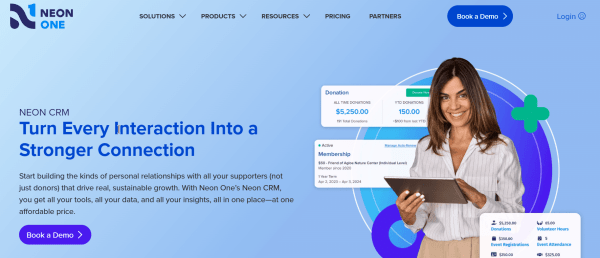 Neon CRM donor management software showing donation, membership, volunteer, and event engagement data