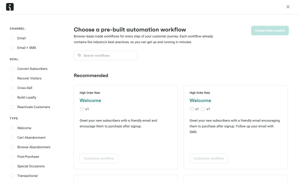 An image showing how Omnisend&rsquo;s pre-built automation workflows include welcome emails and SMS follow-ups, with filters for channel, goal, and workflow type. 