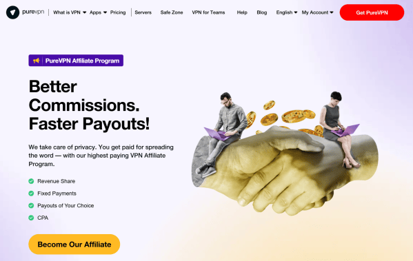 PureVPN shows its commission and payout options. 