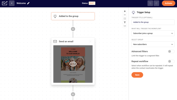 Sender&rsquo;s automation builder shows a draft welcome email triggered when someone joins the &ldquo;New subscribers&rdquo; group. 