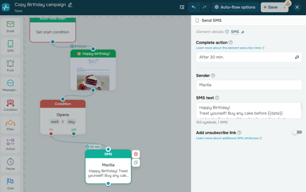 SendPulse&rsquo;s automation builder shows a birthday email followed by an SMS for contacts who haven&rsquo;t opened it. 