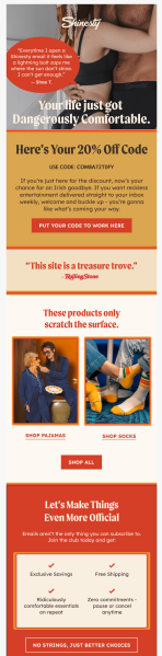 Shinesty&rsquo;s welcome email pairs a clear discount offer with the same playful personality subscribers encounter at signup.