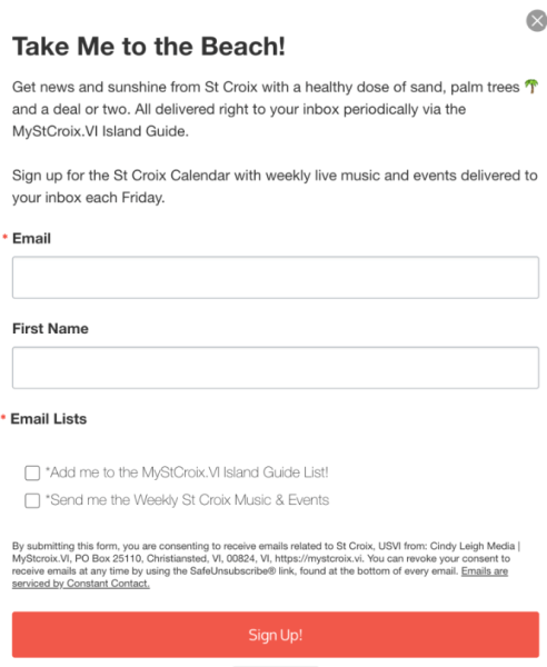 An online email sign-up form for the MyStCroix Island Guide featuring fields for email, first name, and checkbox list preferences.